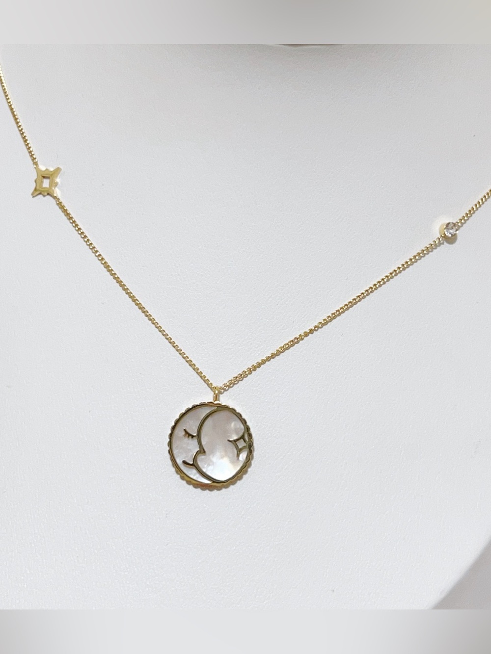 18K Gold Over Stainless Steel Real Mother of Pearl Moon Dainty Necklace